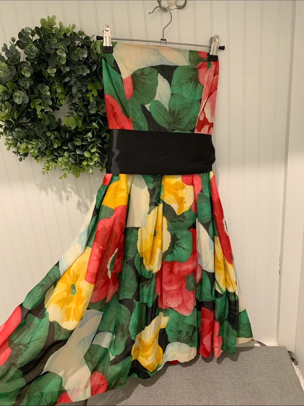 Vintage Floral Strapless womens XS Dress with Black ribbon  original design